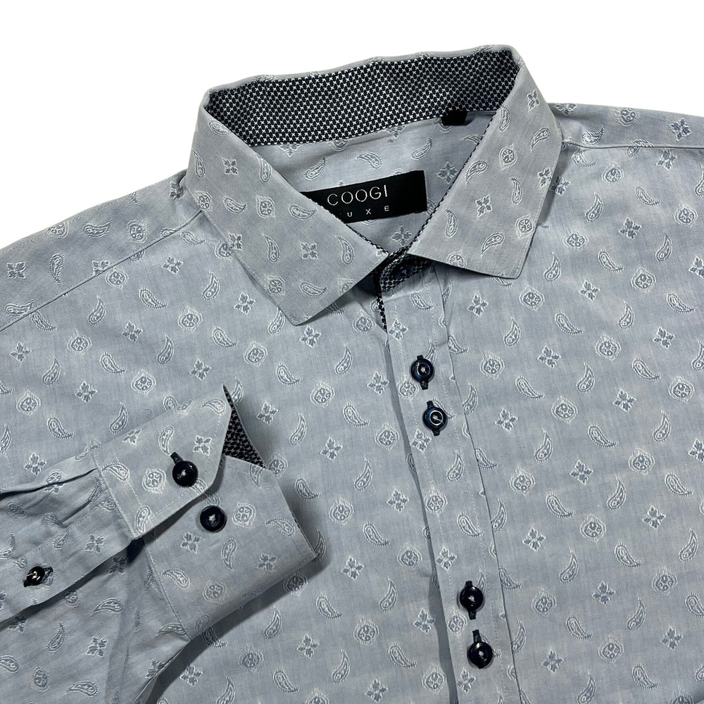 COOGI Luxe Button Down Shirt Mens XL Blue Paisley Long Sleeve Cotton Dress Shirt